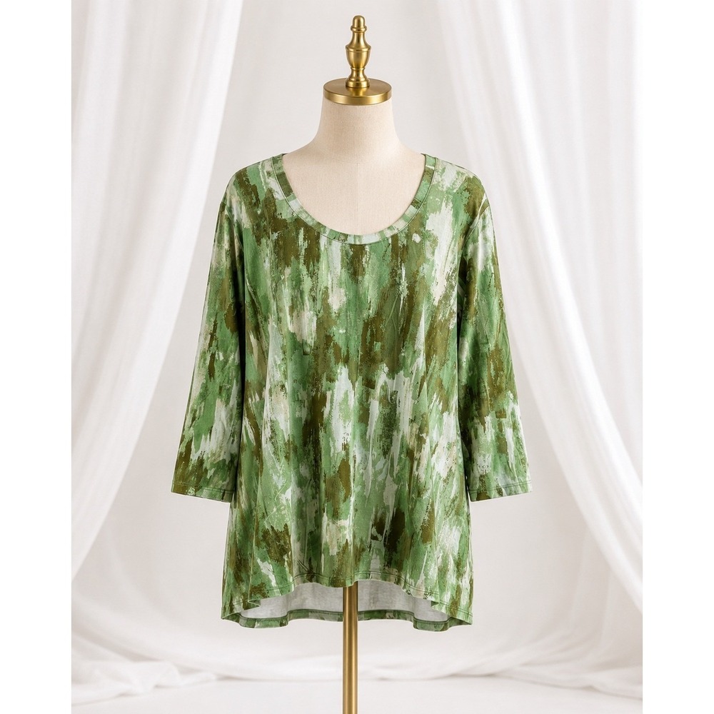 Belle by Kim Gravel Brushstroke Knit Top 3X Green 3/4 Sleeve A379734‎
